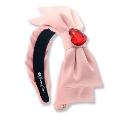 Pink Satin Side Bow Headband with Red Heart Crystal