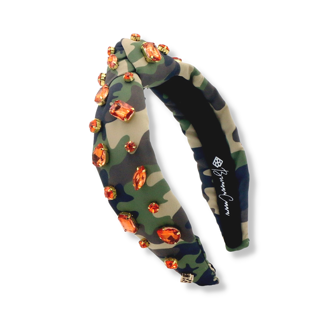 Child Size Camo Headband with Orange Crystals