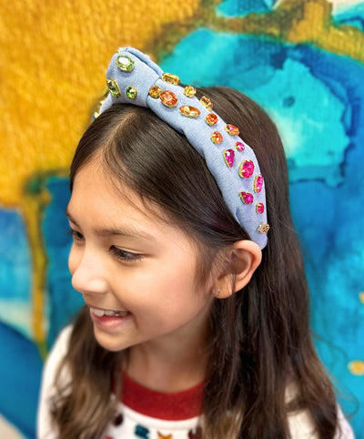 Child Size Denim Headband with Rainbow Gradient Hand-Sewn Crystals