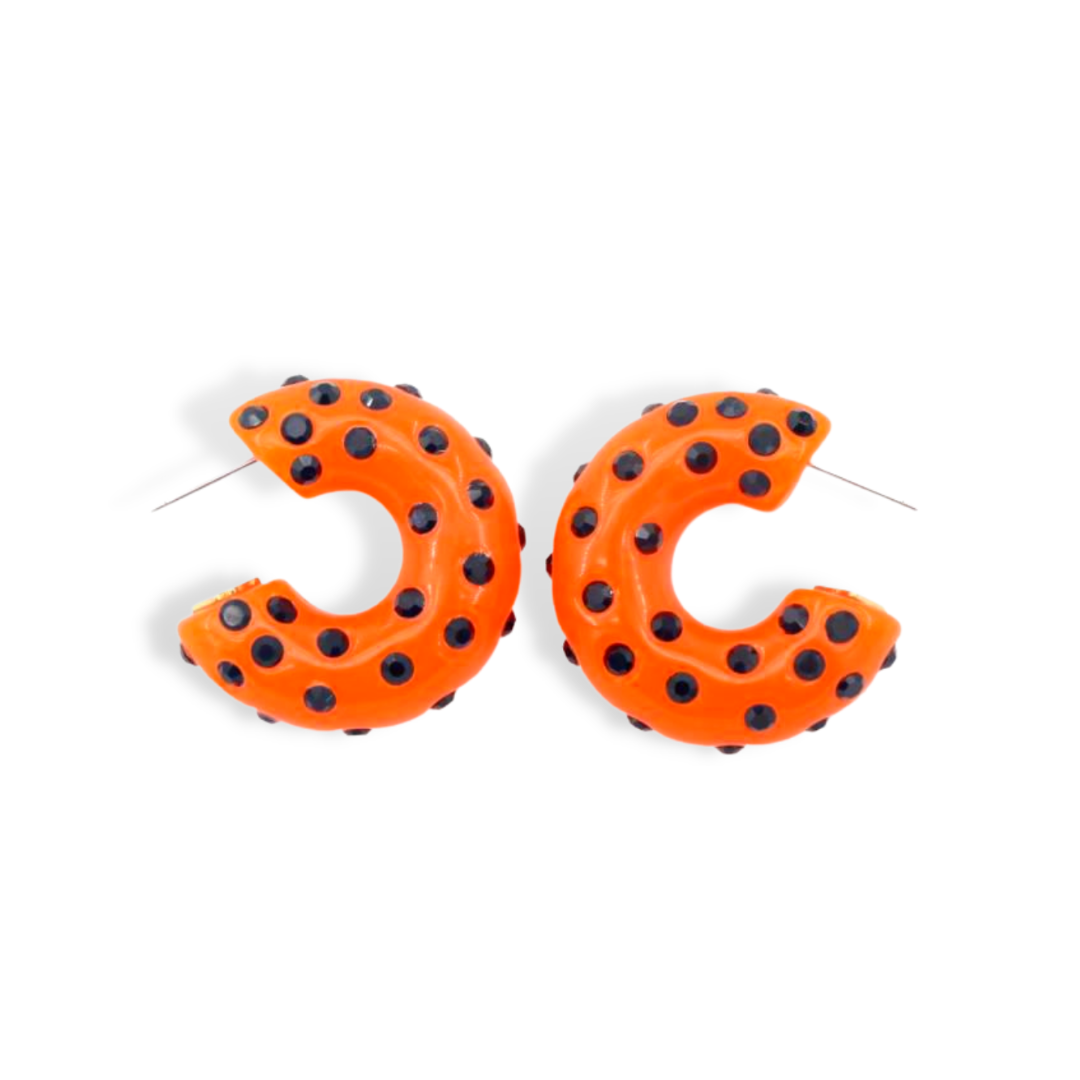 Neon Orange Huggie Hoop Earrings with Black Crystals