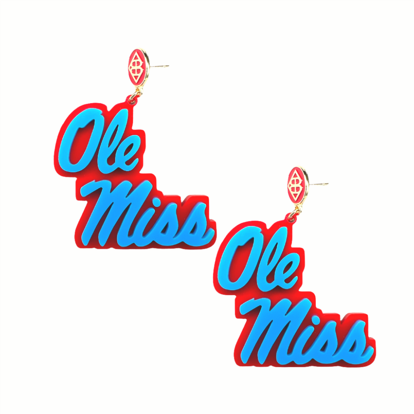 Ole Miss Powder Blue & Red Ole Miss Script Earrings with Red Logo Top