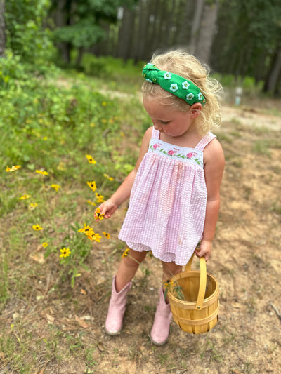 Child Size Green Twill Headband with Blue Flowers