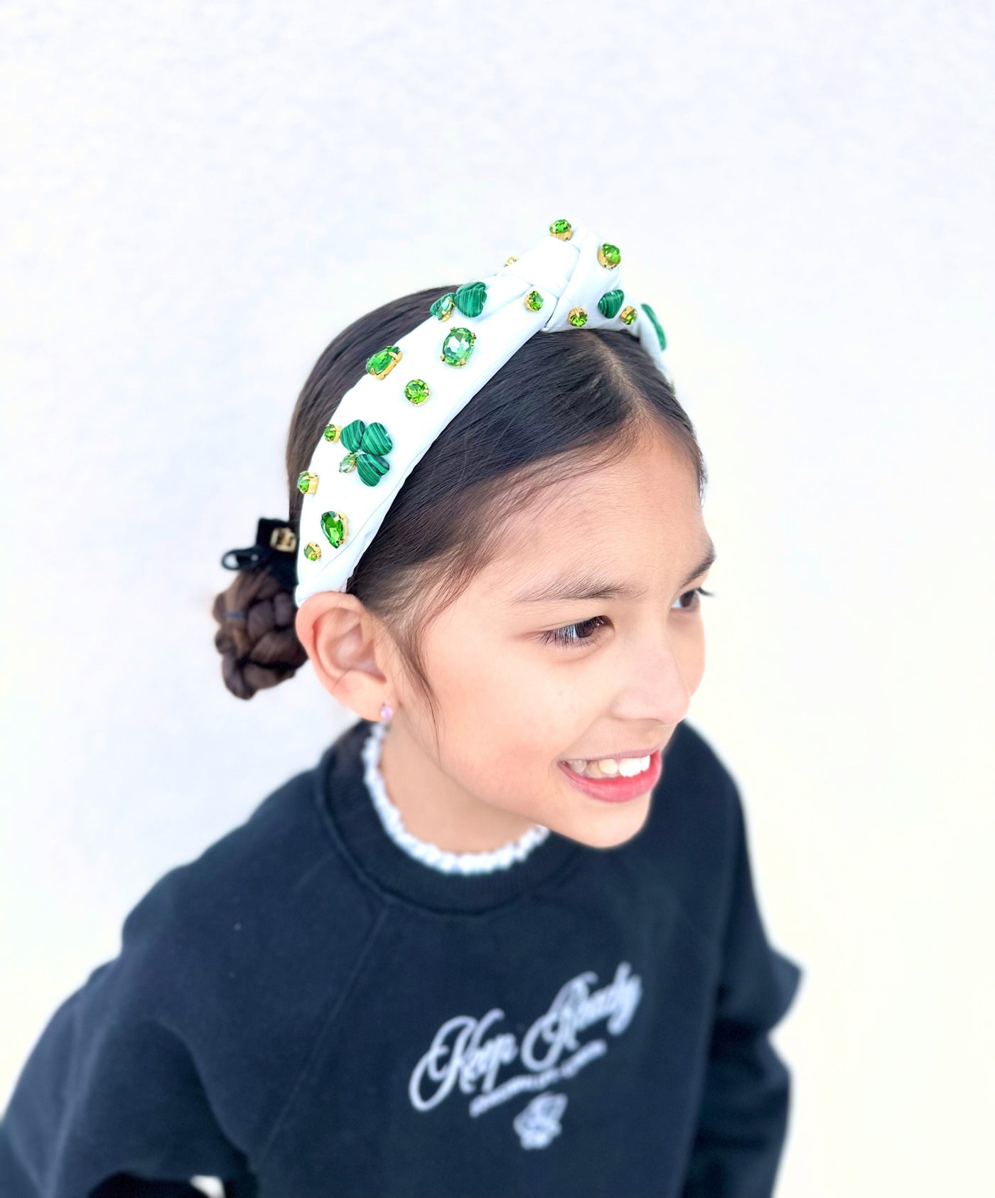 Child Size White Headband with Shamrocks & Crystals