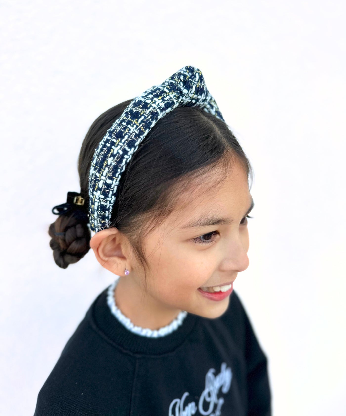 Child Size Navy, Gold & White Tweed Headband