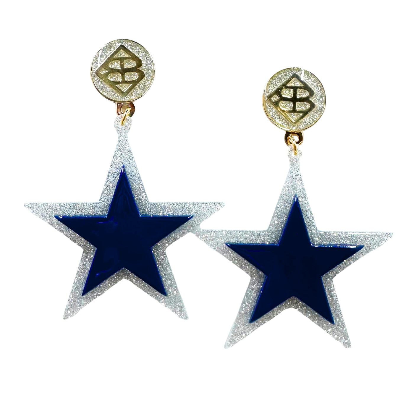 Team Colors - Navy Blue Star Earrings over Silver Glitter with Silver Glitter Large BC Logo Top