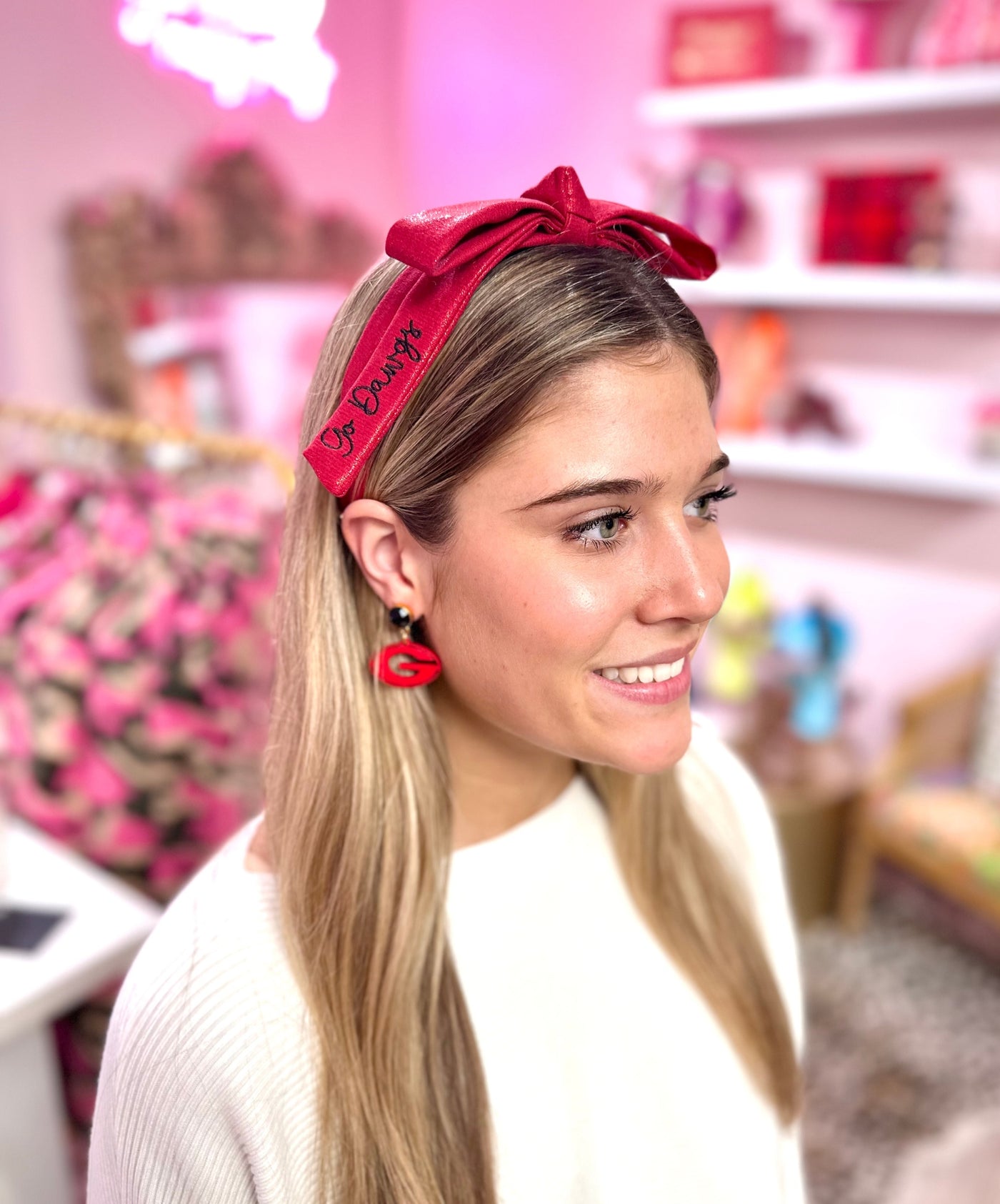 Georgia Red Thin Embroidered Ribbon Bow Headband