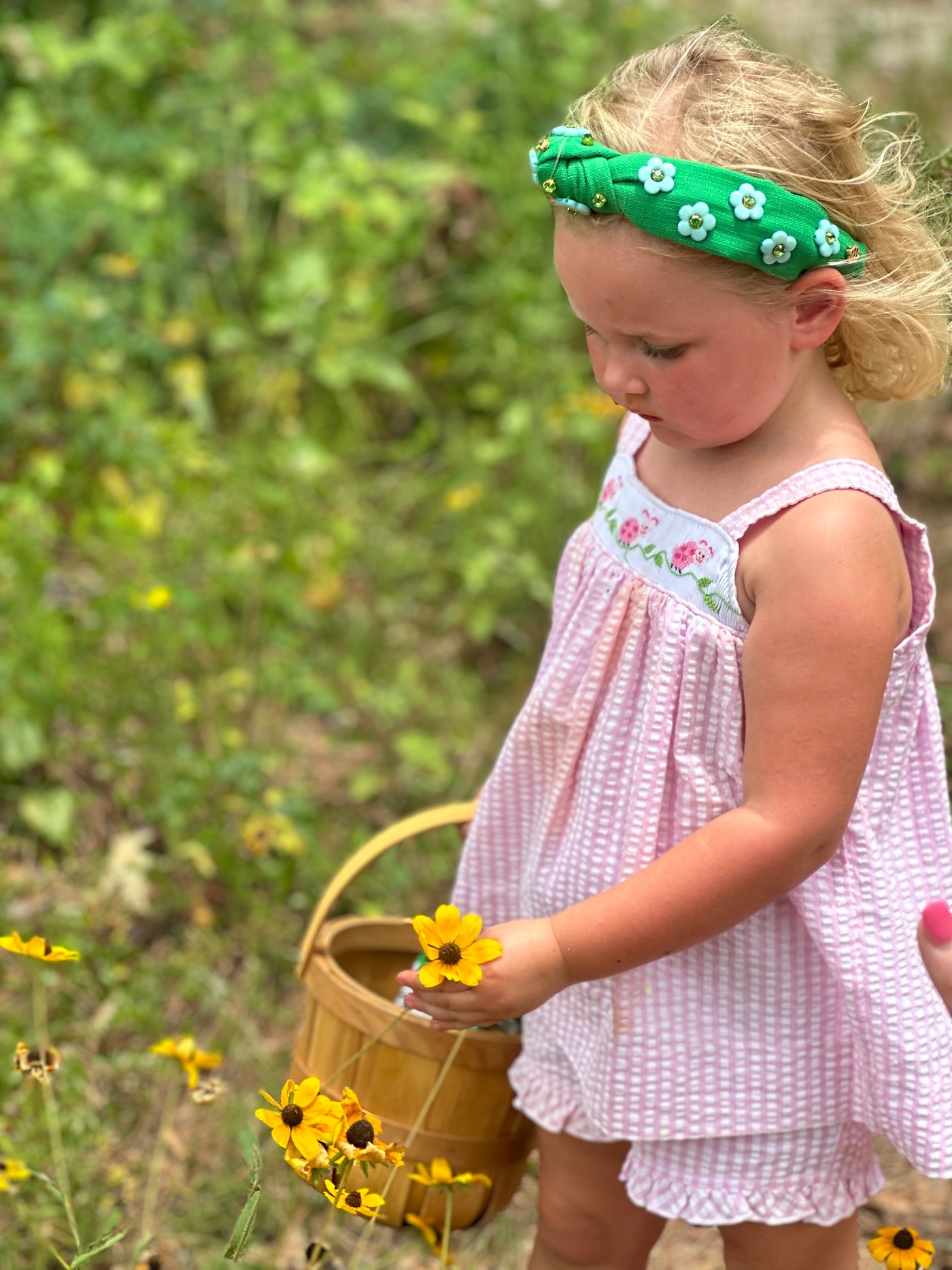 Child Size Green Twill Headband with Blue Flowers