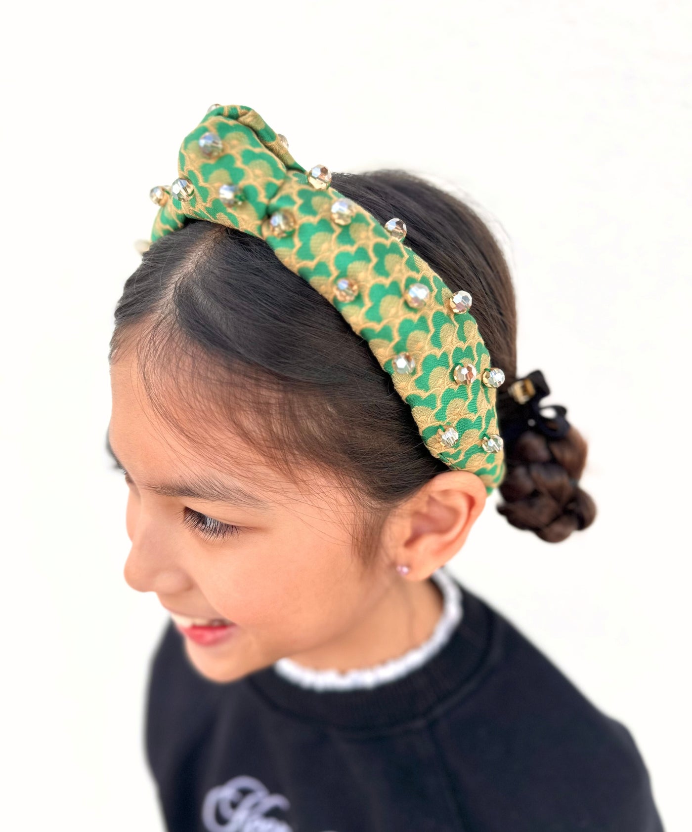 Child Size Green Scalloped  Headband with Gold Beads