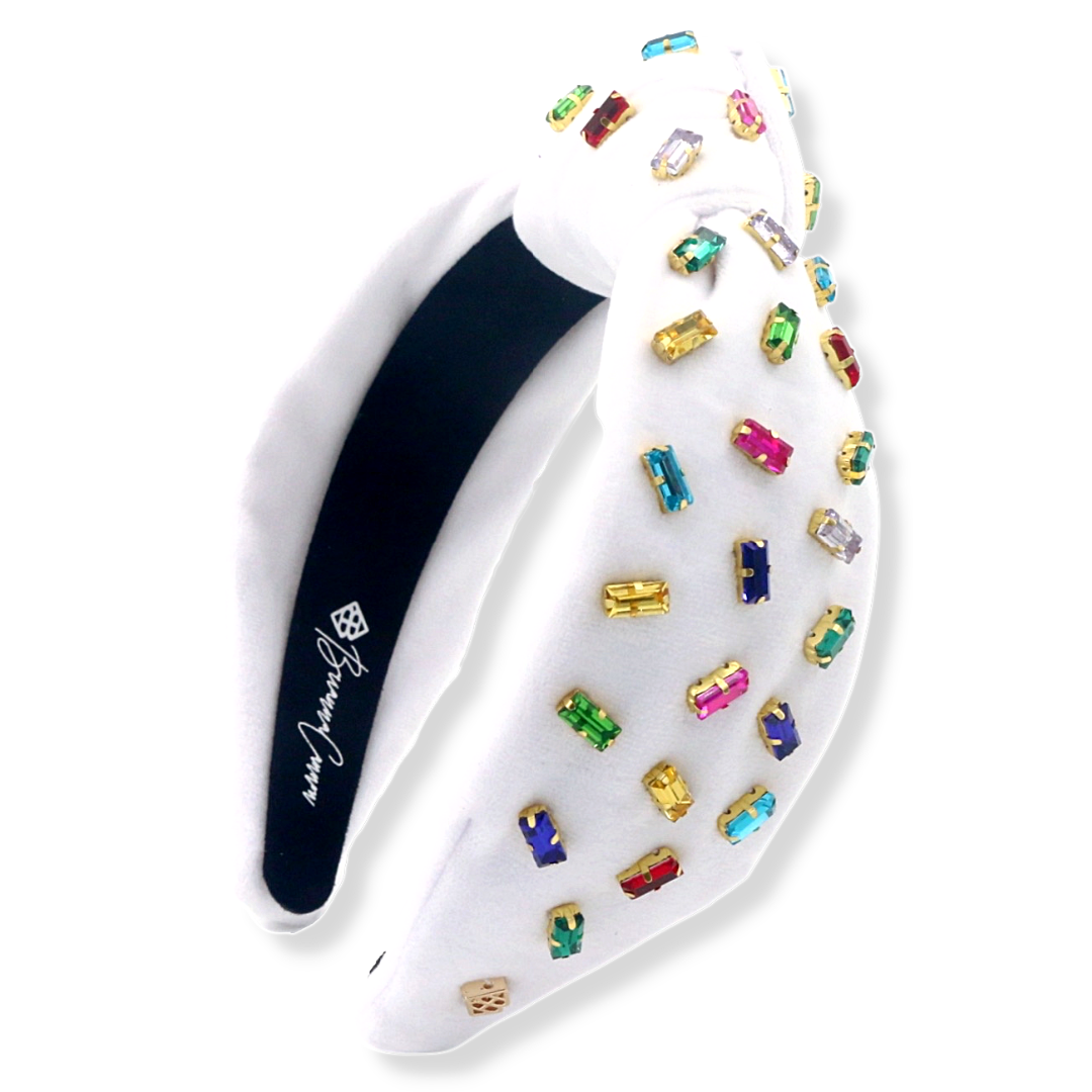 White Velvet Headband with Confetti Rainbow Crystals