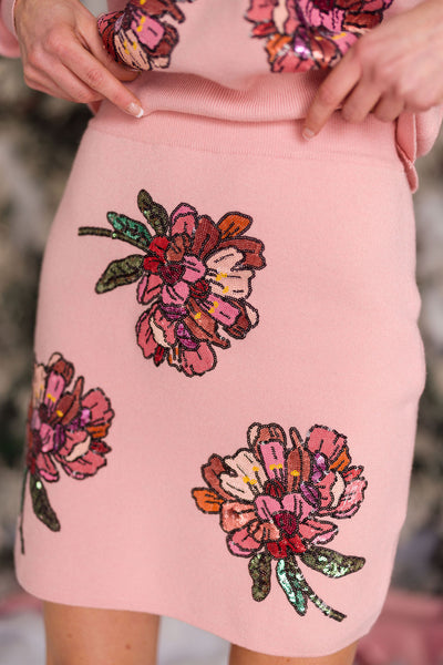 Blushing Pink Floral Knit Pencil Skirt