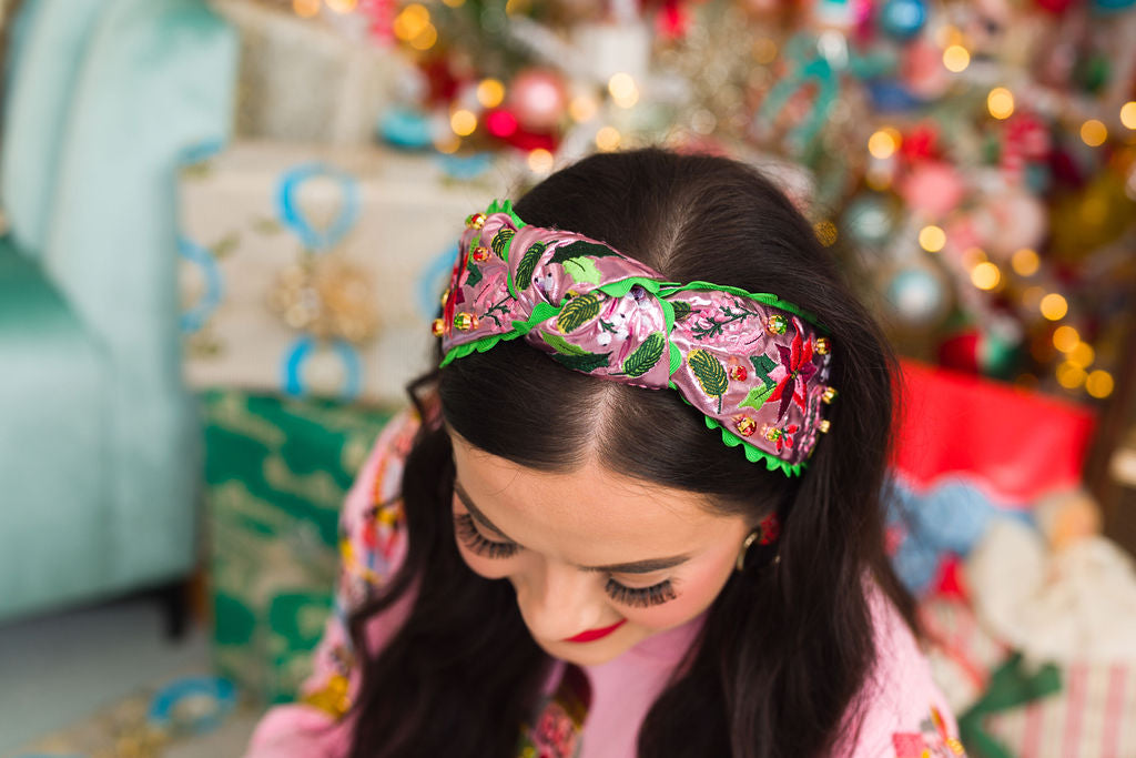 Pink Metallic Embroidered Poinsettia Headband