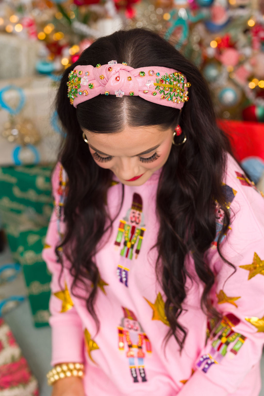 Pink Shimmer Christmas Tree Headband with Crystals