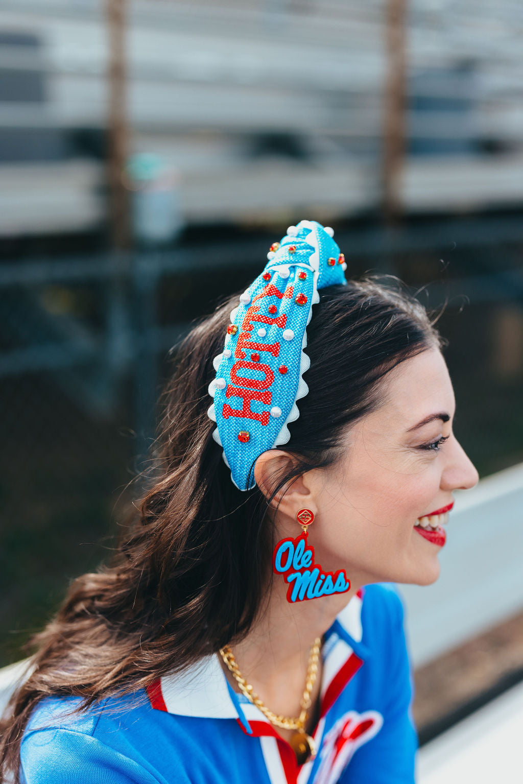 Ole Miss Powder Blue & Red Ole Miss Script Earrings with Red Logo Top