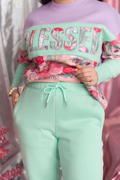 Floral Stripe Fleece-Lined Sweatpants in Mint