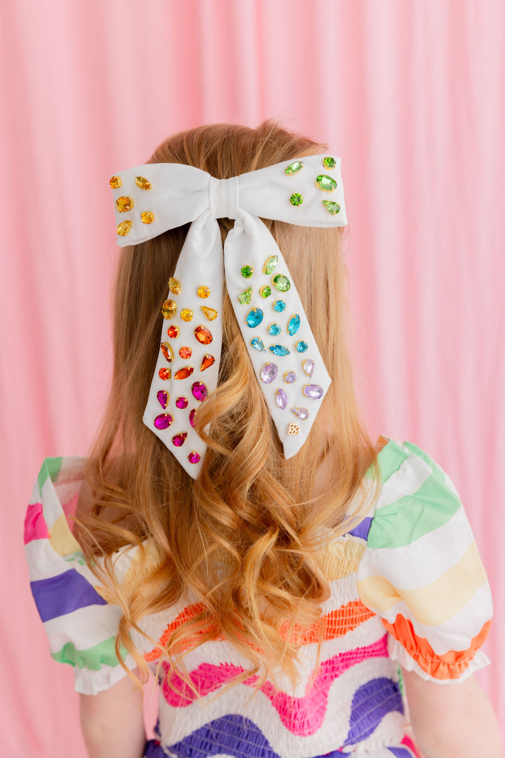 Ivory Rainbow Gradient Bow Barrette with Hand Sewn Crystals