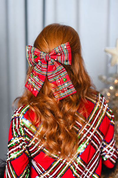 Tartan Plaid Bow Barrette with Crystals and Pearls