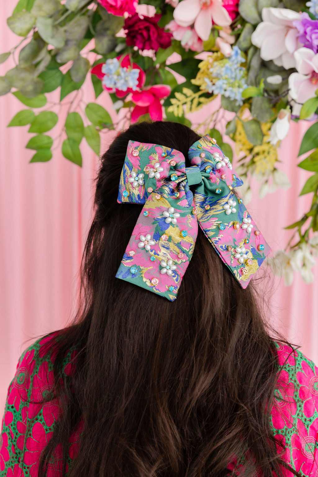 Green & Pink Brocade Bow Barrette with Pearl Flowers & Crystals