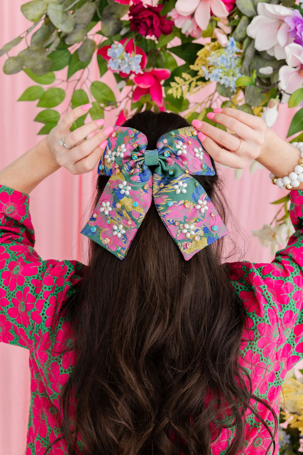 Green & Pink Brocade Bow Barrette with Pearl Flowers & Crystals