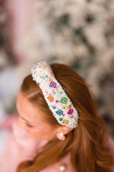 Rainbow Tweed Headband with BC Logo Charms and Beads