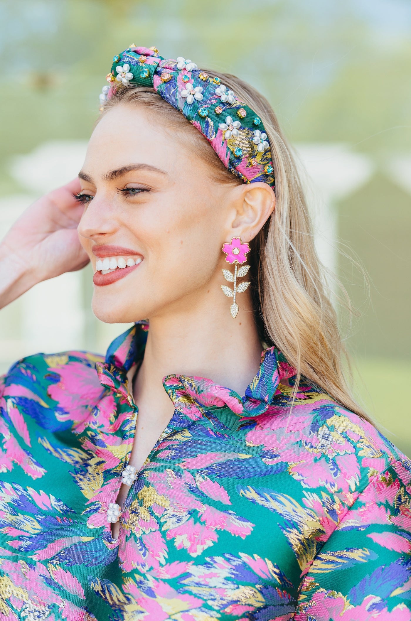 Pink Flower Earrings With Crystal Stem