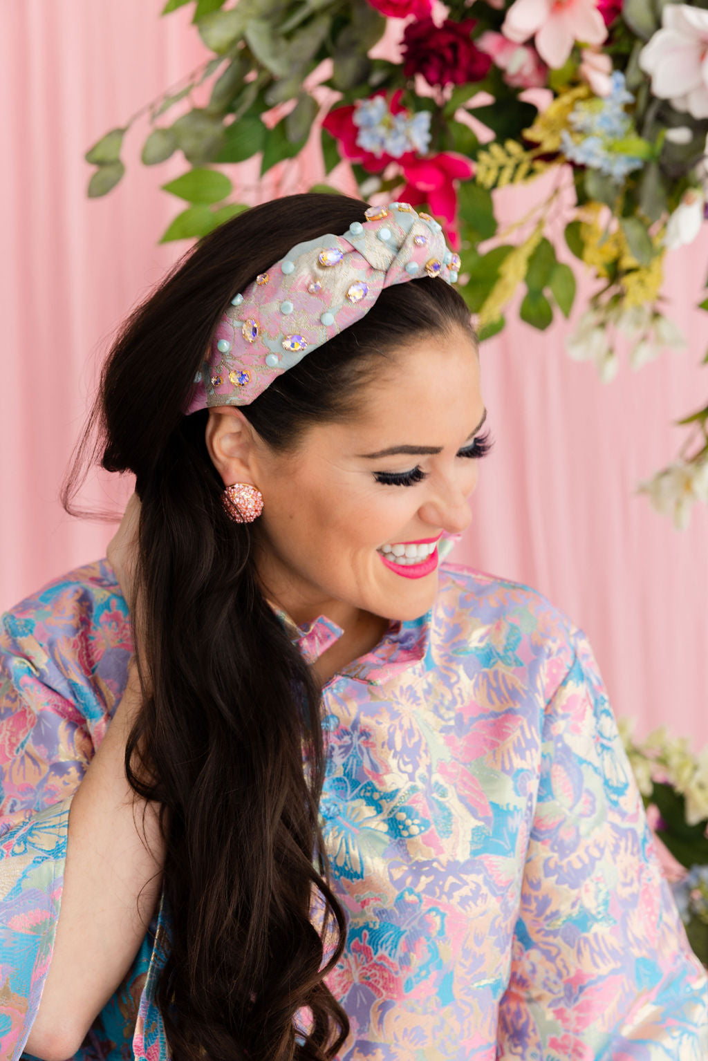 Adult Size Pink & Blue Brocade Headband with Crystals & Stones