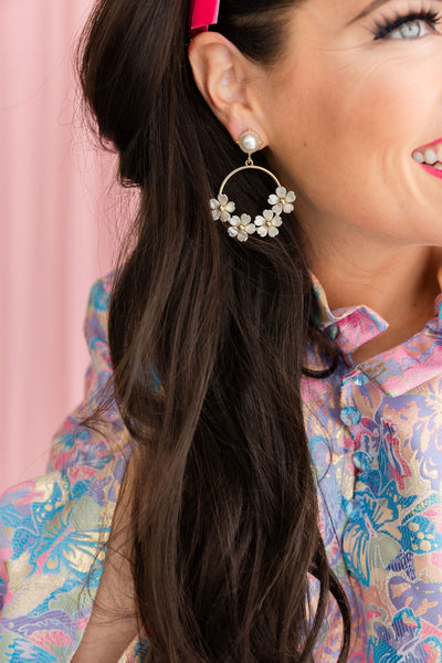 White Pearl Flower Drop Hoop Earrings