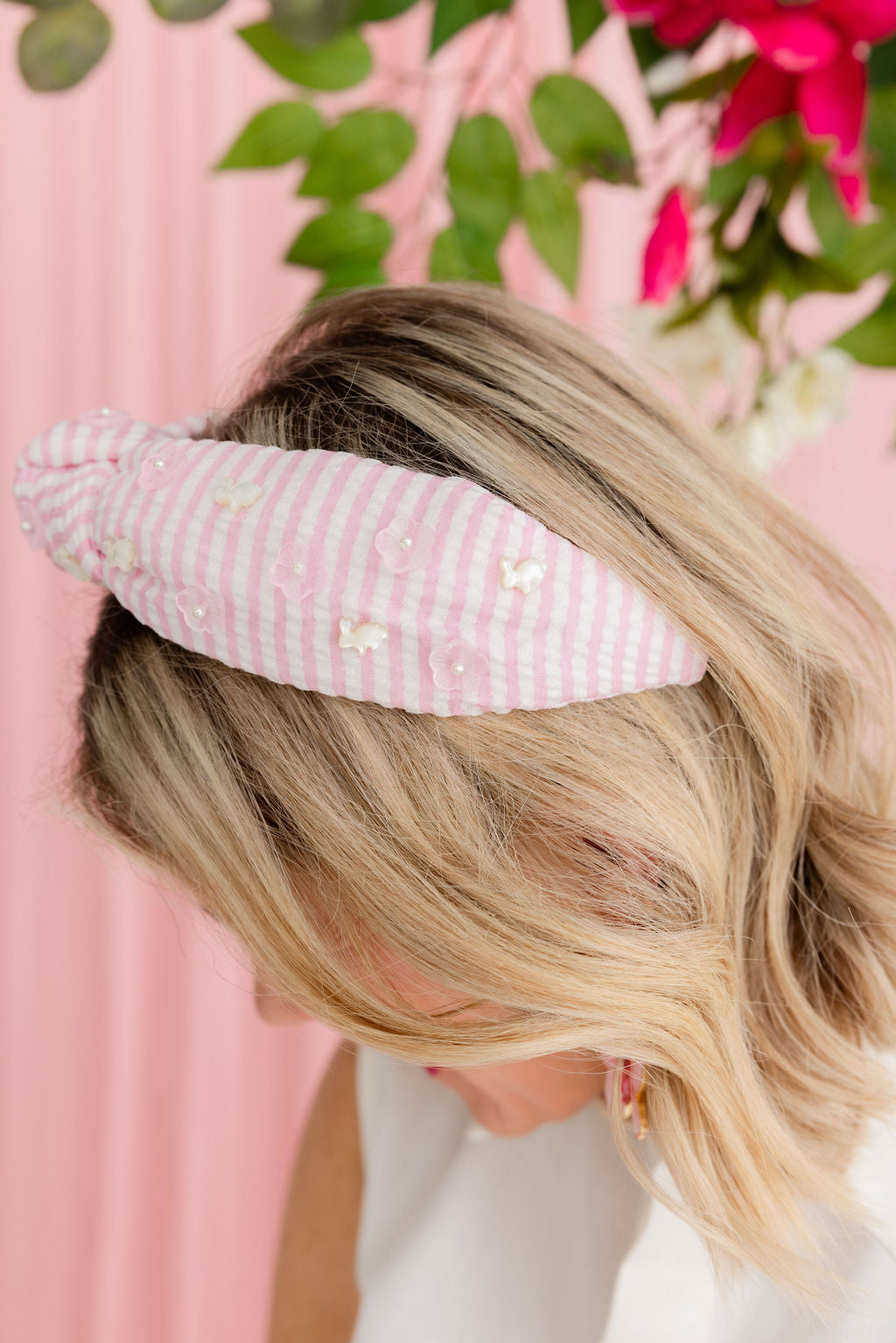 Adult Size Pink Seersucker Headband with Mother of Pearl Bunnies