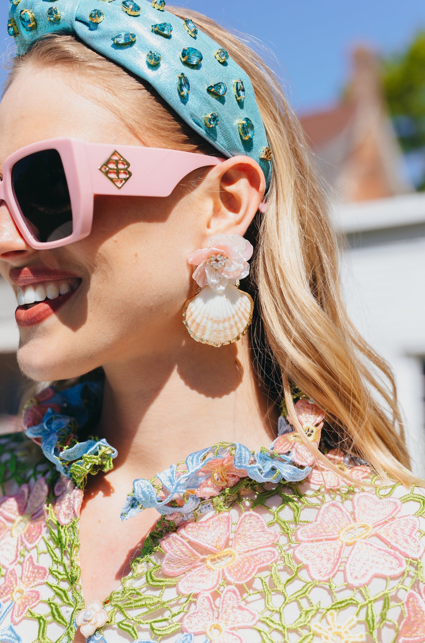 Shell Earrings with Pearly Pink Flower