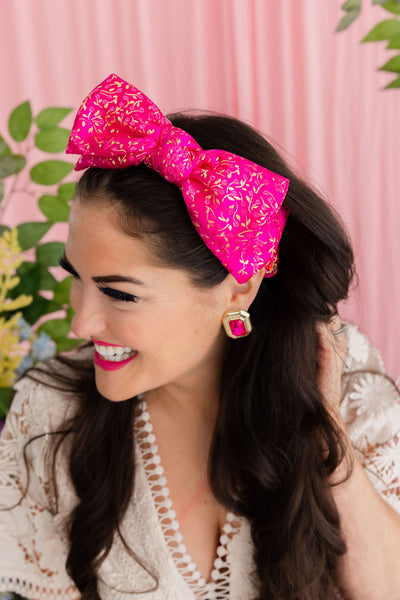 Adult Size Hot Pink & Gold Brocade Side Bow Headband