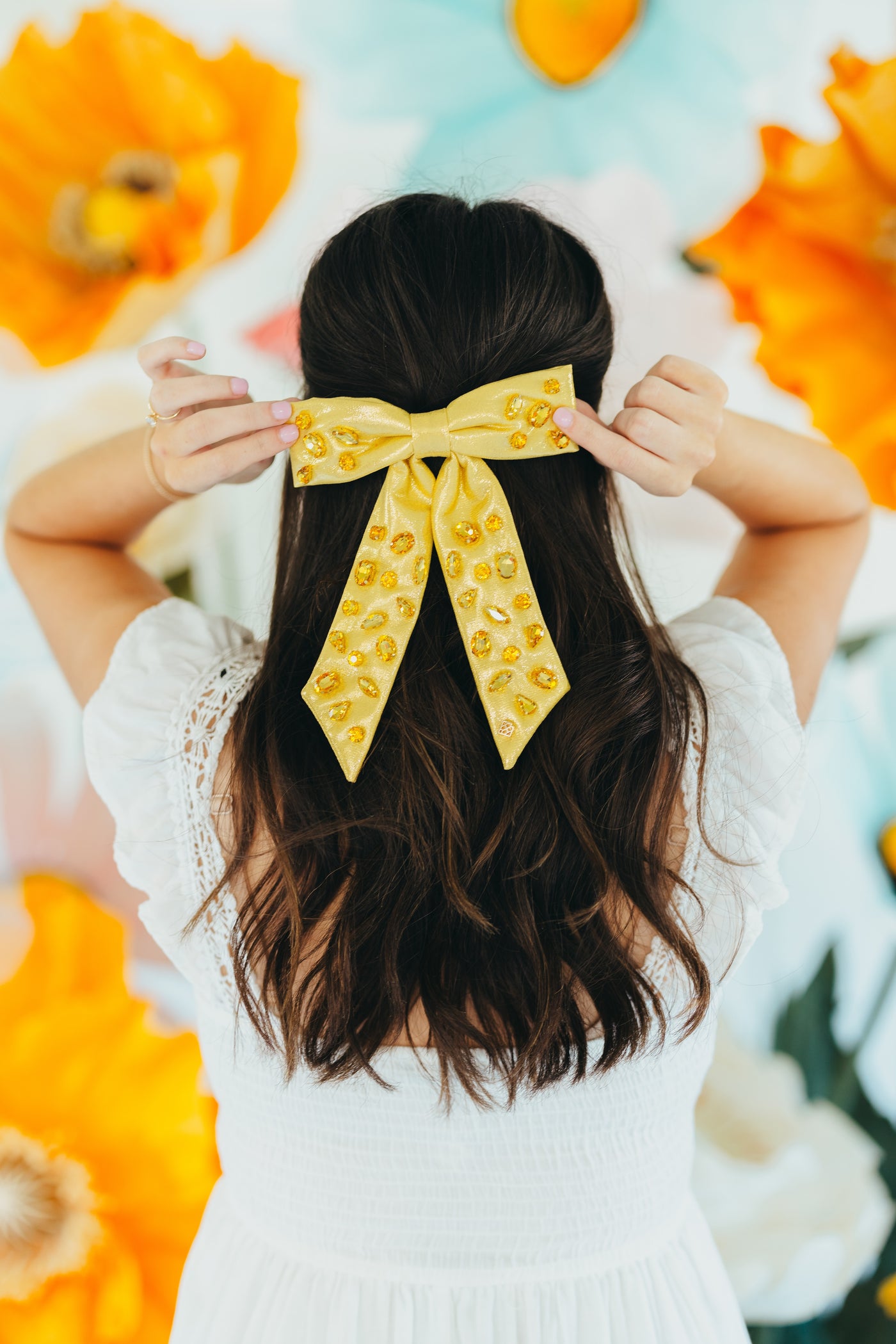 Shimmer Bow Barrette with Hand Sewn Crystals in Yellow