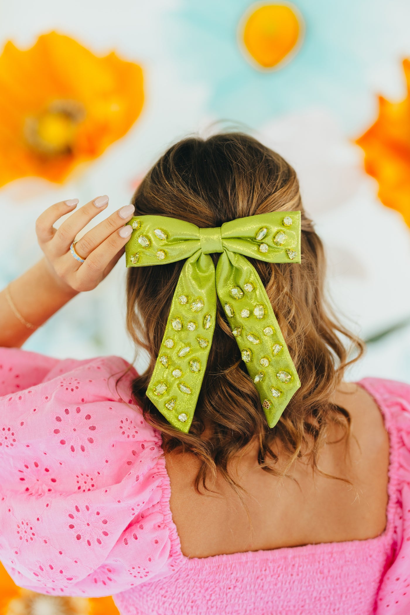 Shimmer Bow Barrette with Hand Sewn Crystals in Green