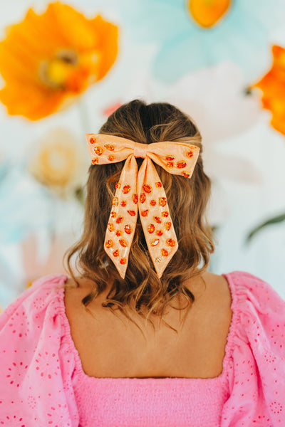 Shimmer Bow Barrette with Hand Sewn Crystals in Orange