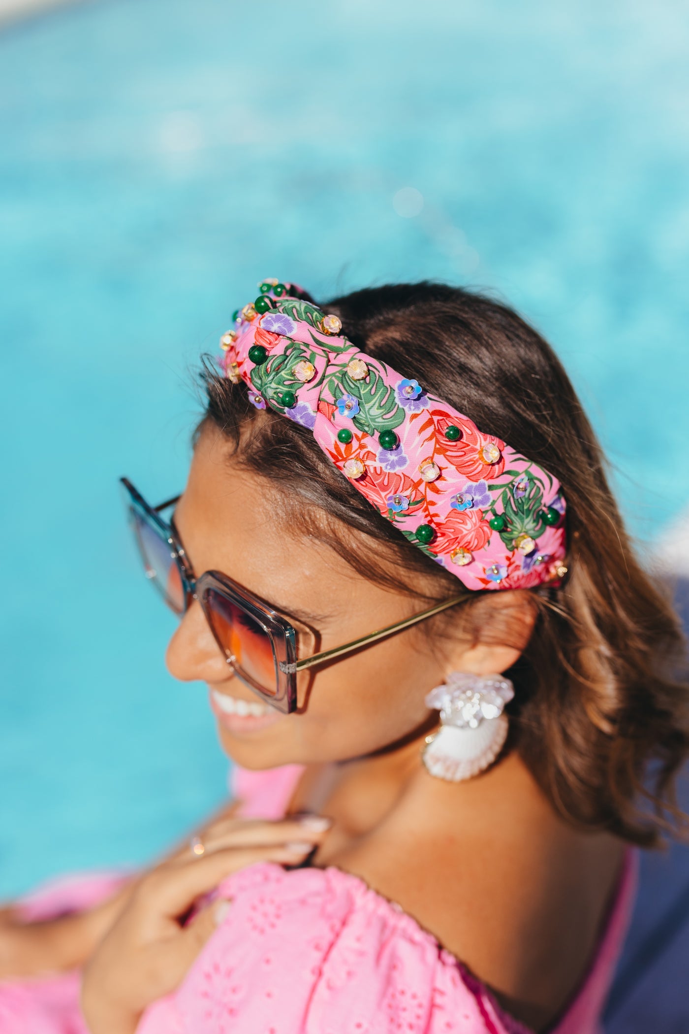 Adult Size Pink Luau Headband With Crystals & Beads