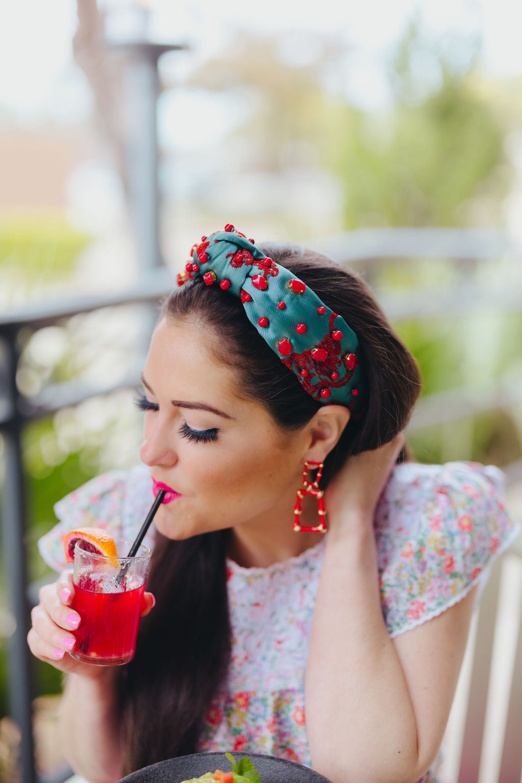 Adult Size Teal Headband With Red Floral Embroidery and Stones