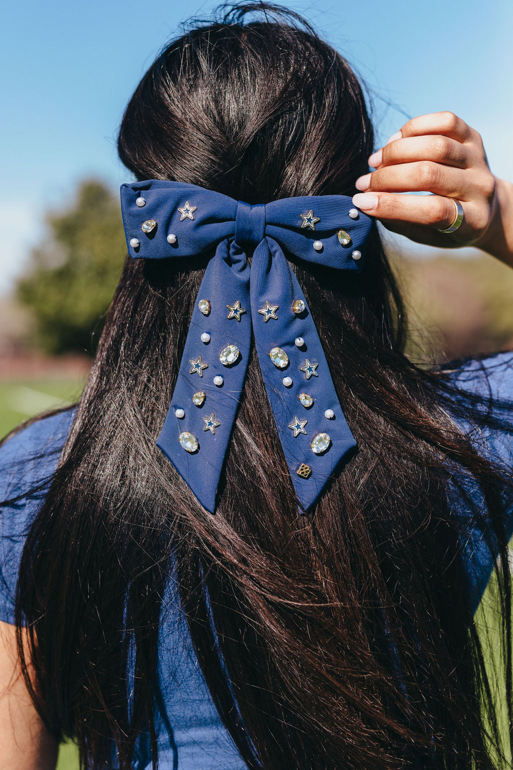 Navy and Silver Star Bow  Barrette