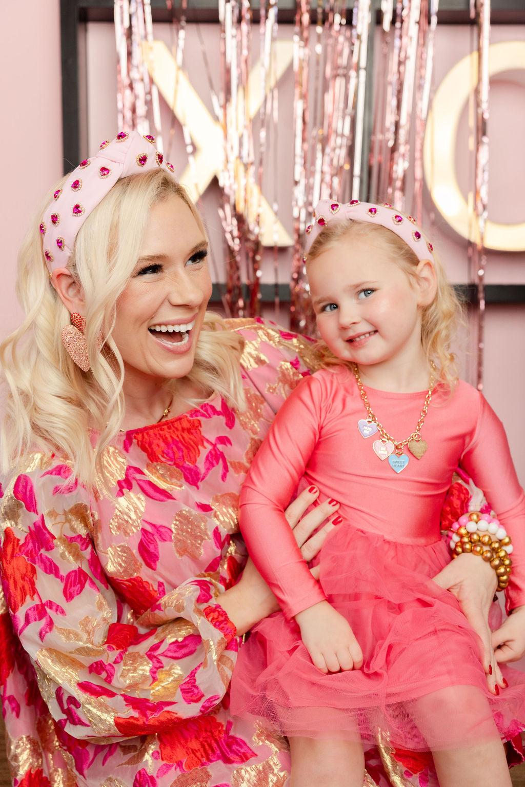 Child Size Light Pink Headband with Hot Pink Pavé Crystal Hearts