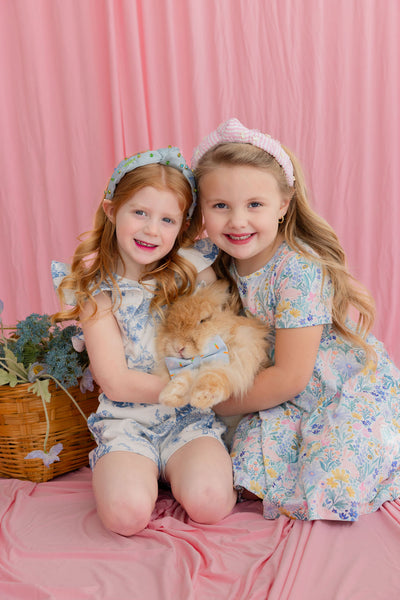 Child Size Pink Seersucker Headband with Mother of Pearl Bunnies