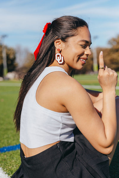 White and Crimson Glitter OU Earrings