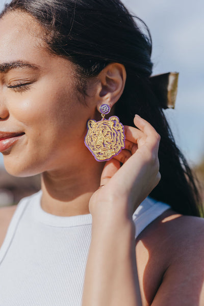 LSU Gold Glitter & Purple Tiger Earrings