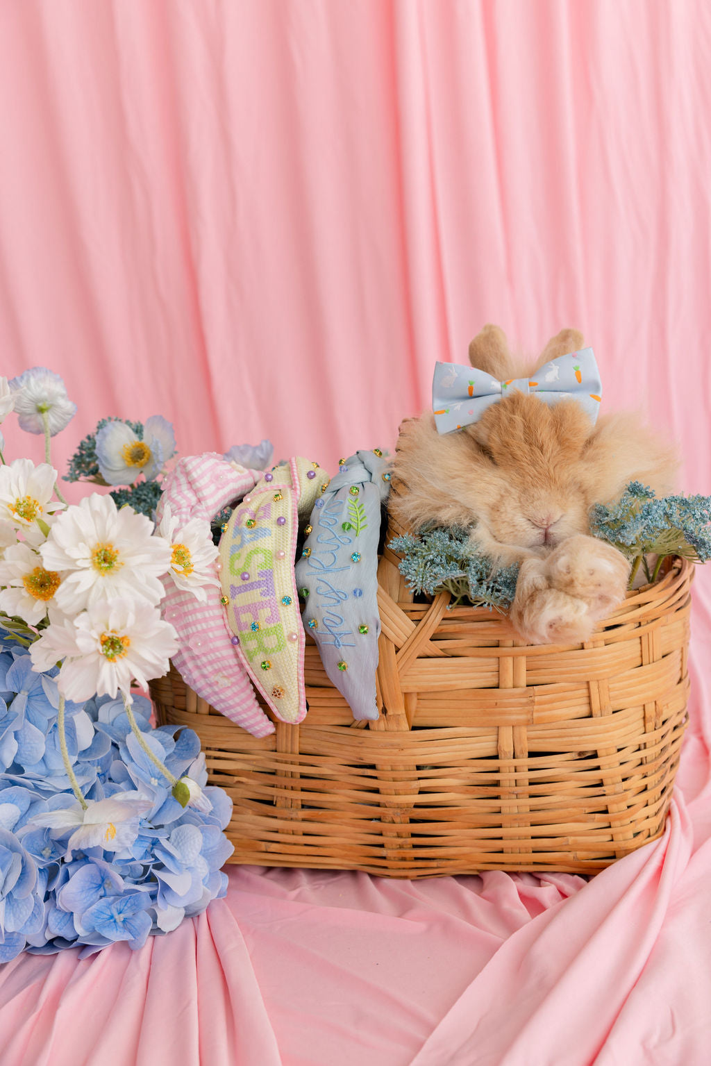 Adult Size Pink Seersucker Headband with Mother of Pearl Bunnies