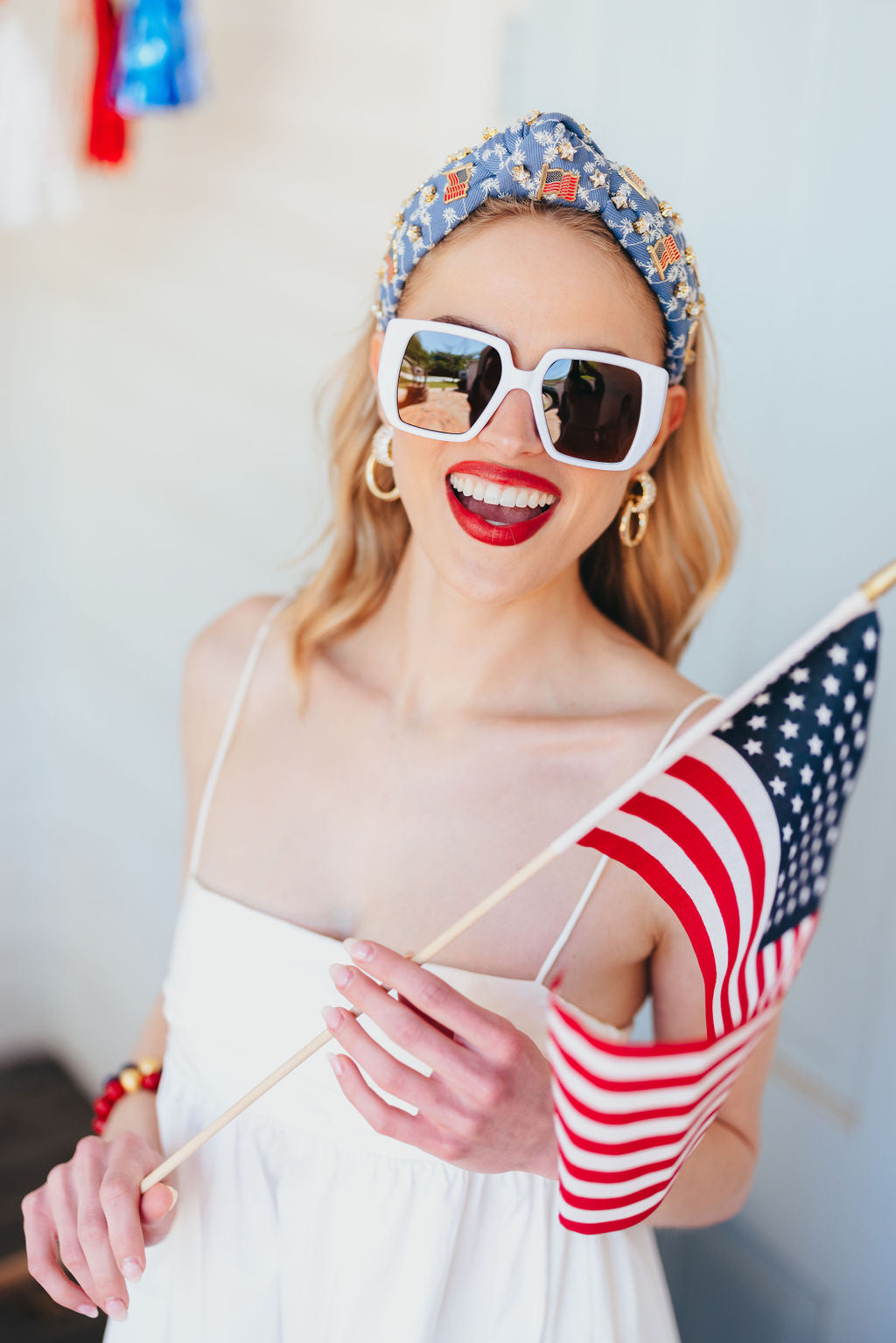 Denim Eyelet Headband with Flags & Stars