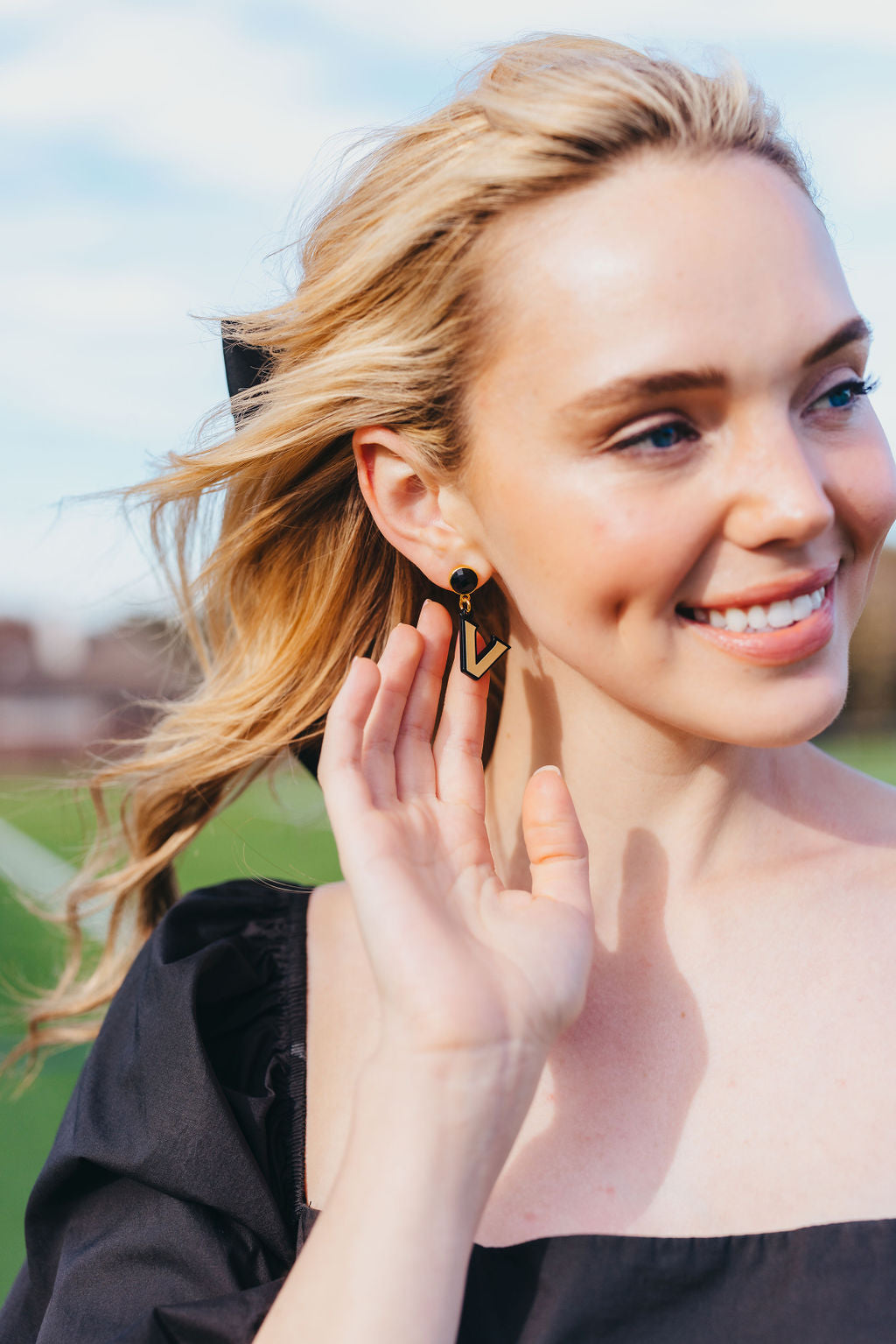 Vanderbilt Mini Gold and Black Logo Earrings