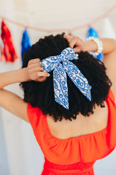 Blue & White Mykonos Eyelet Bow Barrette