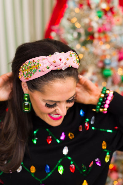 Pink Shimmer Christmas Tree Headband with Crystals