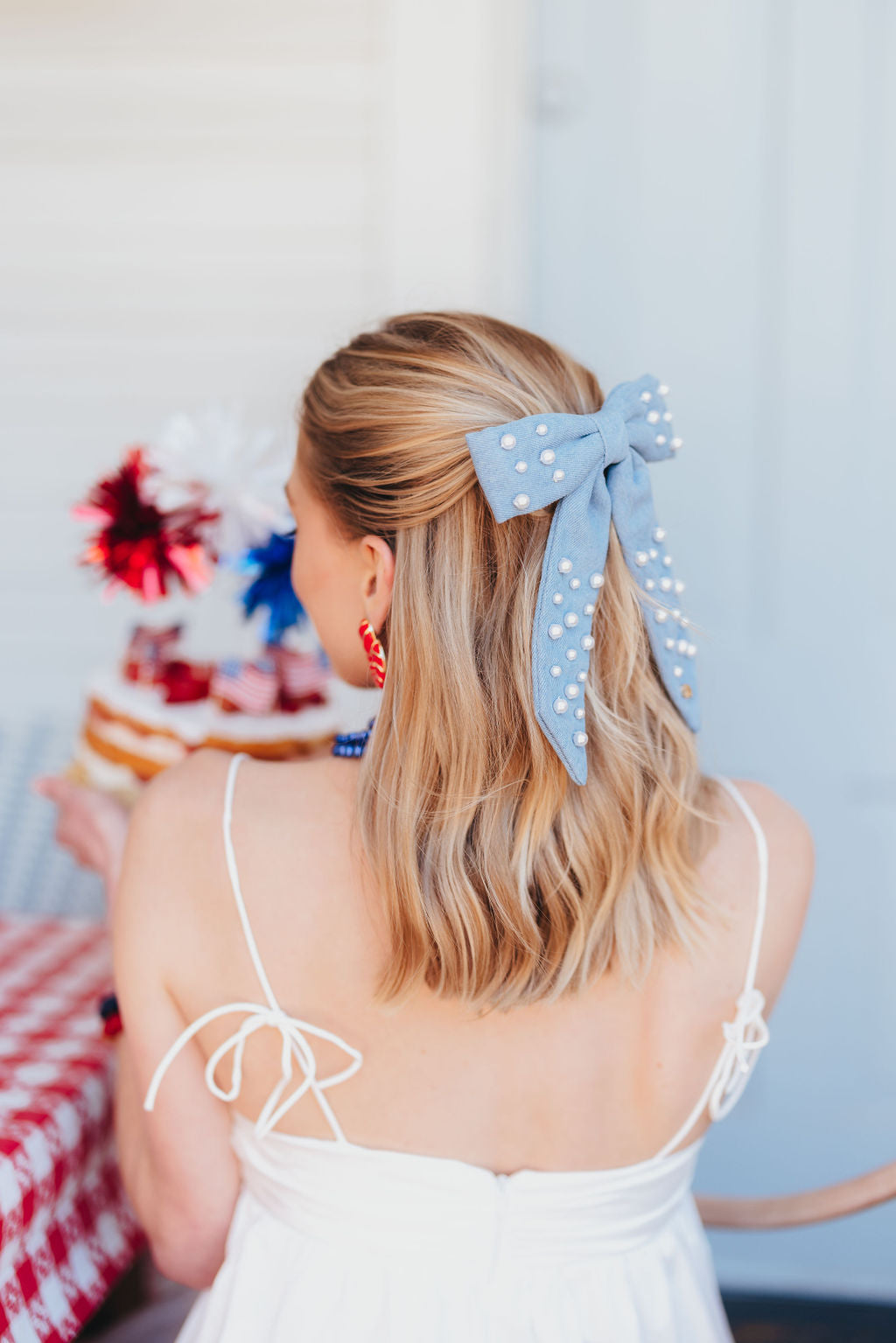 Denim & Pearl Bow Barrette