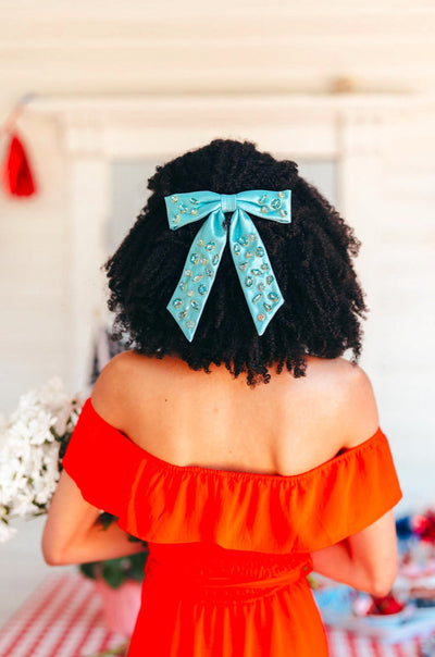 Shimmer Bow Barrette with Hand Sewn Crystals in Blue