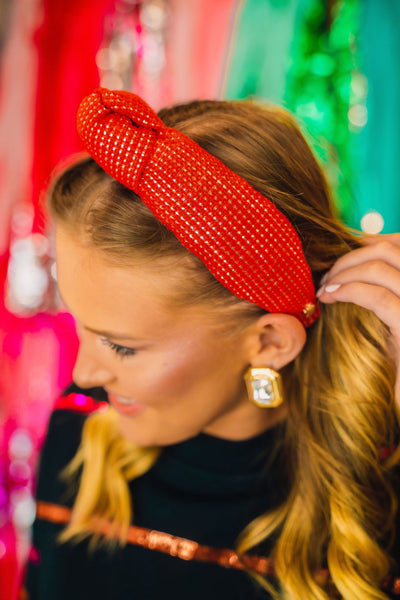 Adult Size Solid Tweed and Gold Headband in Red