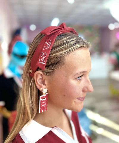 Alabama Crimson Thin Embroidered Ribbon Bow Headband