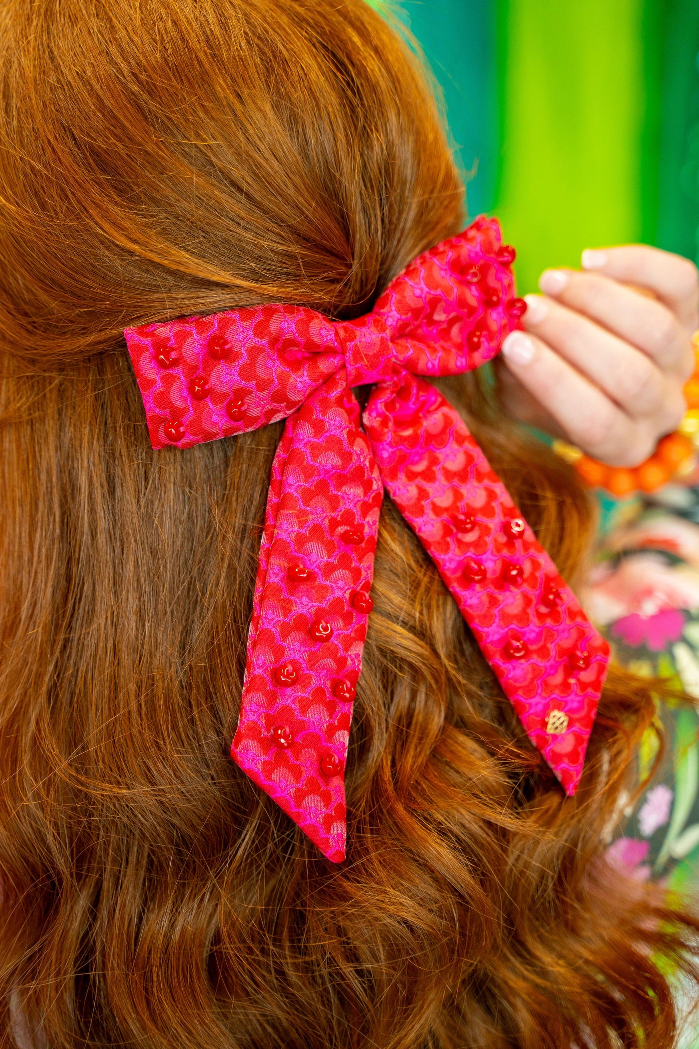 Pink Scalloped Bow Barrette With Pink Beads