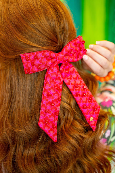 Pink Scalloped Bow Barrette With Pink Beads